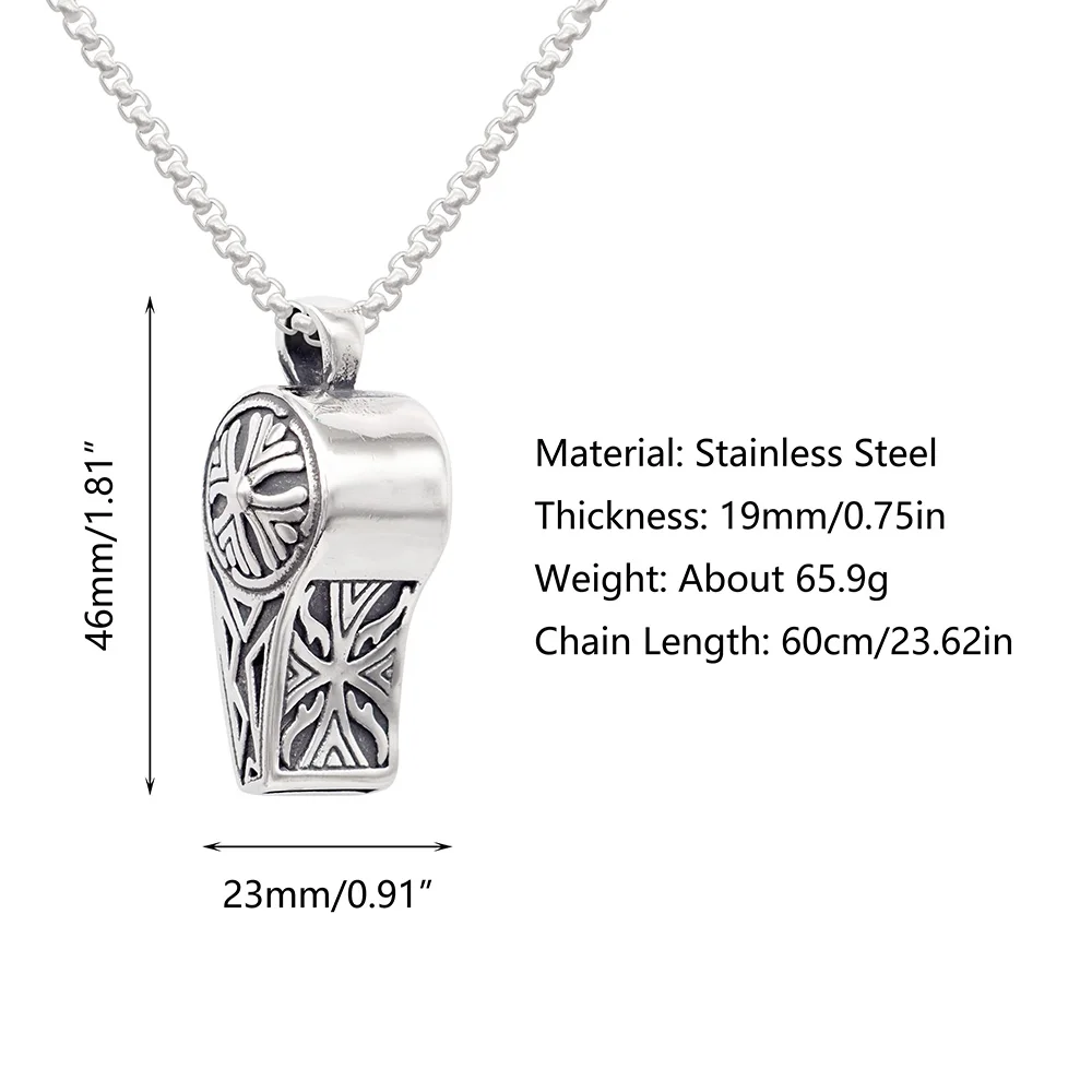 Supertextural Exquisitely Carved Masculinity Pendant With Box Chain Non Tarnish Silver Stainless Steel Whistle Men Necklace