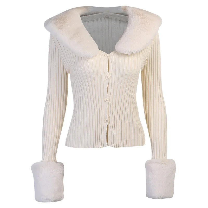 Wholesale Autumn Winter long sleeves sexy fur collar knitted plus size coat jackets for women