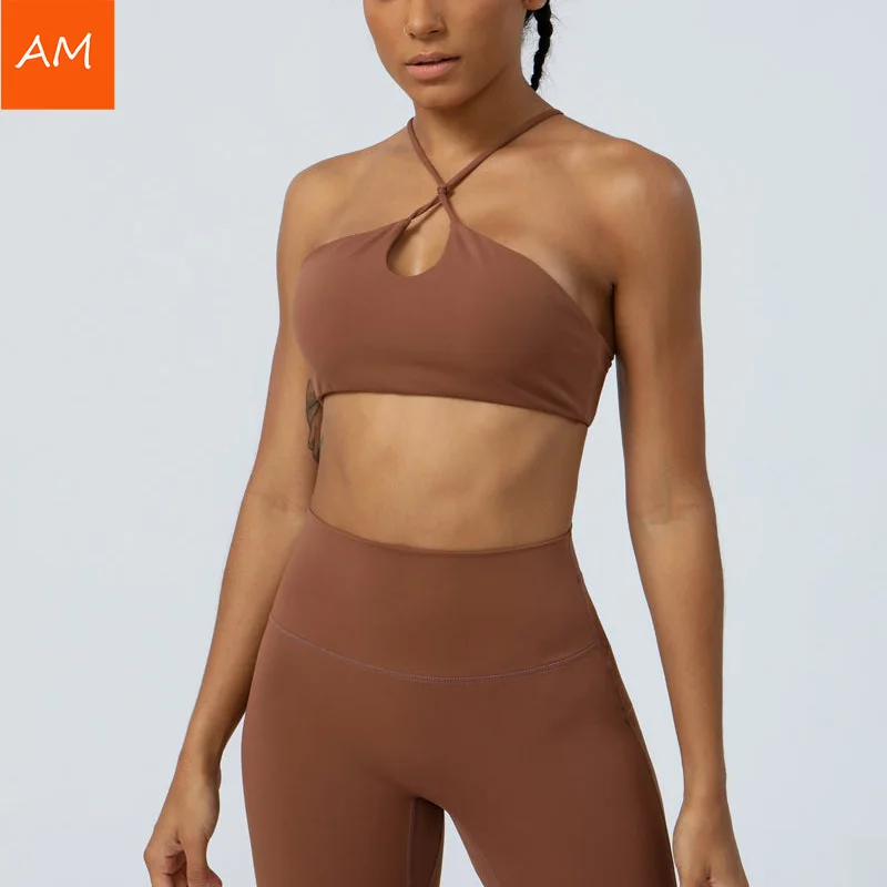 OEM Logo Thin Straps Fitness Yoga Bra Cross Back Padded Sports Bra Halter Neckline Bra For Women