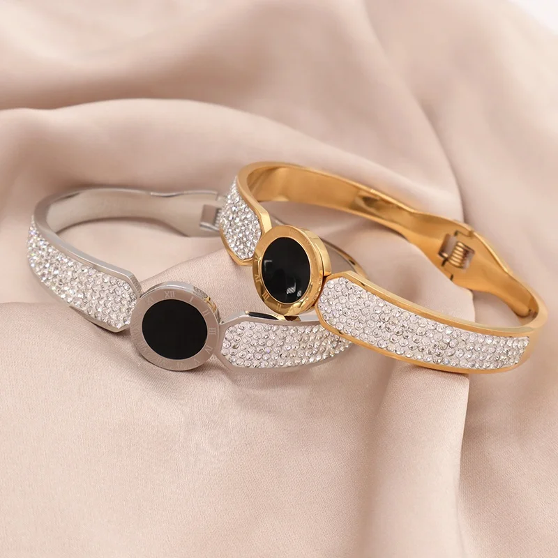 Fashion Women Jewelry Wholesale Custom Bracelet Gold Plated Roman numerals Micro Pave CZ Openable Cuff Stainless Steel Bangle