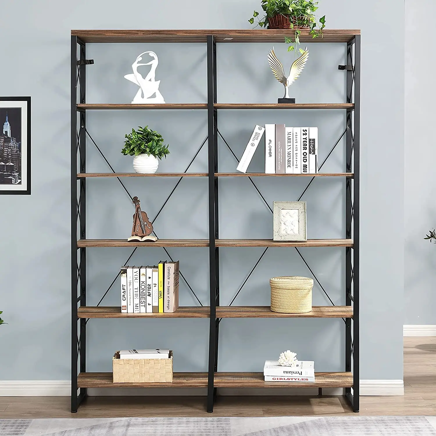 Black Double Wide 6-tier Living Room Shelves Floor Shelf Display Shelves With Metal Frame For Living Room