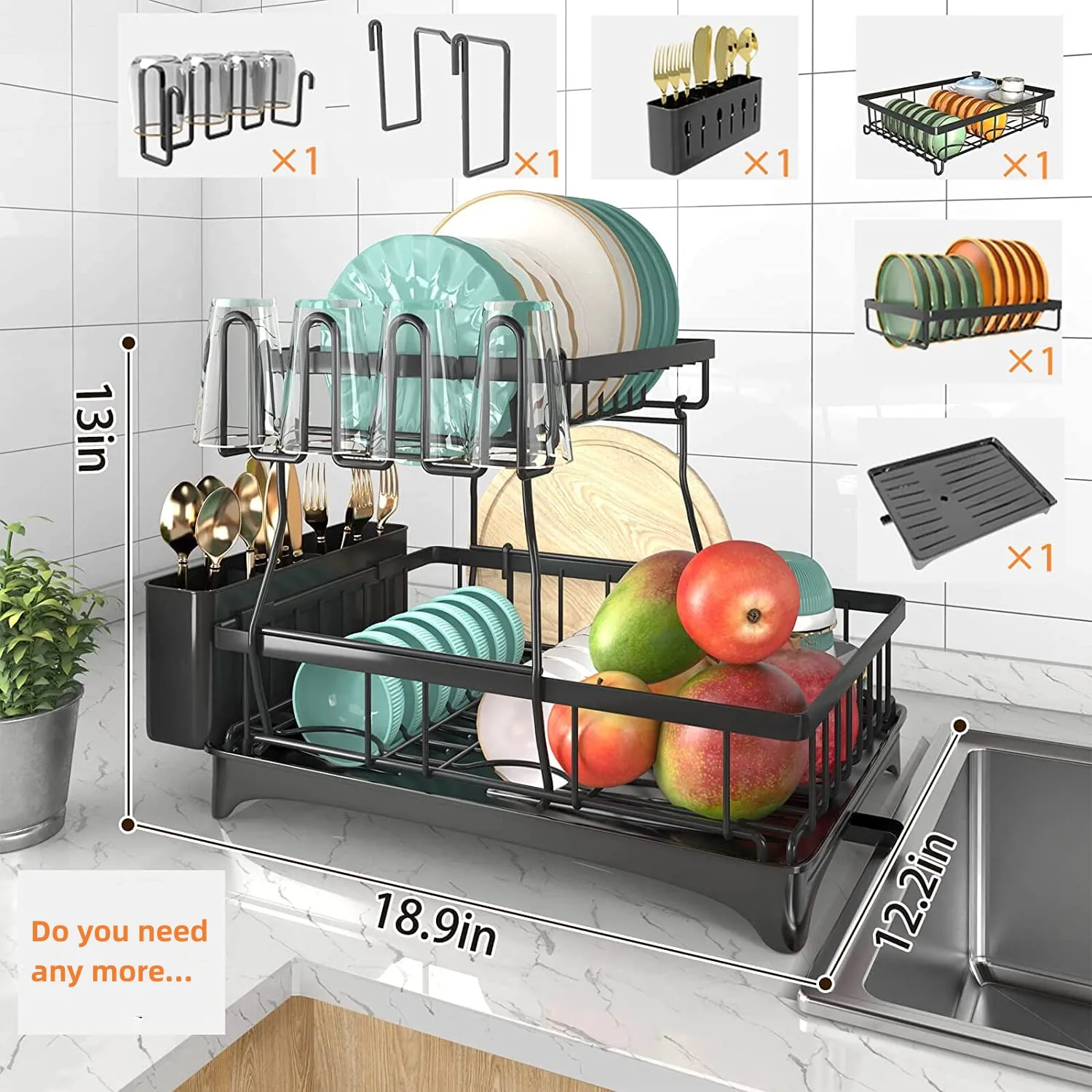 Metal Home Organizer Kitchen Shelf 2 -Tier Dish Drainer with Water Tray  Cup rack and Cutlery Holder