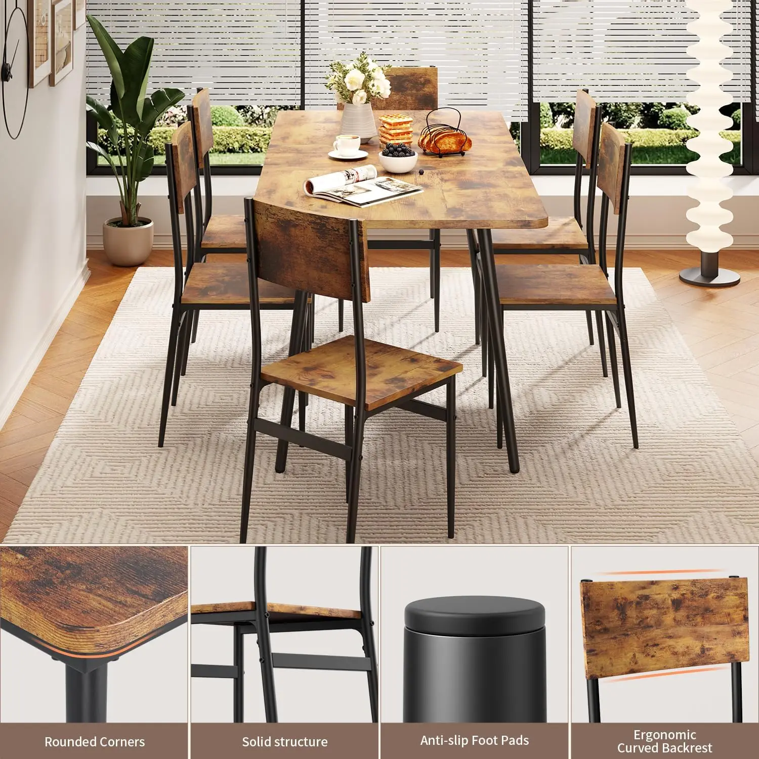 Dining Table Set for for 4-6 People Modern Dining Room 6 Chairs Wood Board Kitchen Table Set for Small Space