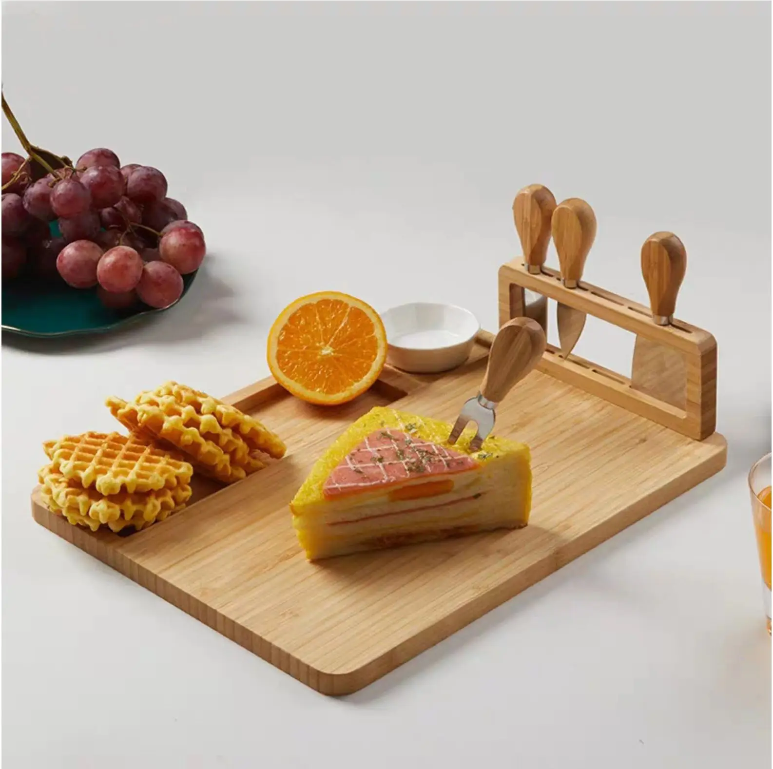 Amazon Hot Custom Wooden Bamboo Cheese Board Set With Cutlery In Slide Out Drawer Platter