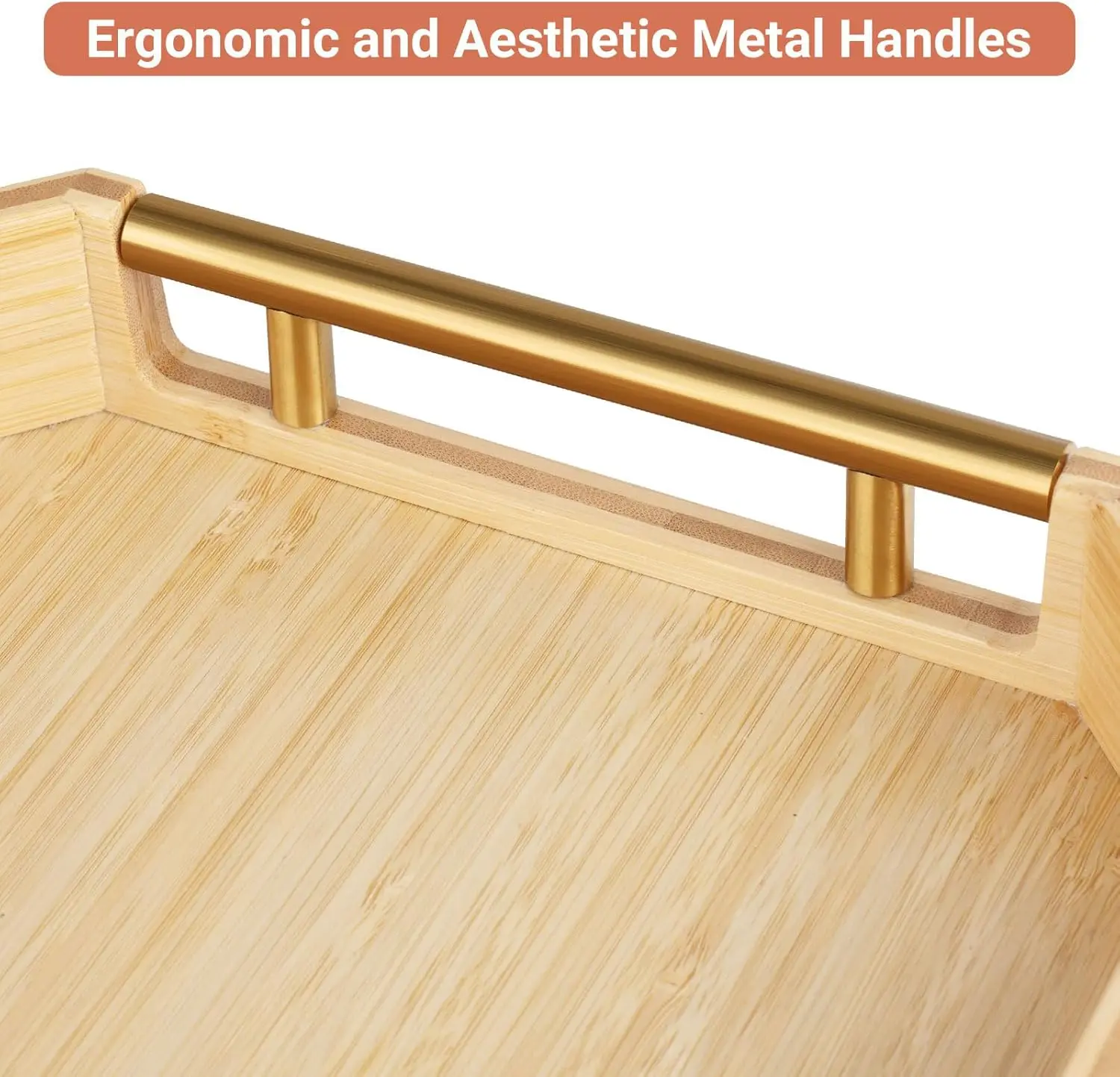 Custom bamboo wooden serving breakfast trays with ergonomic & aesthetic metal handles for milk coffee