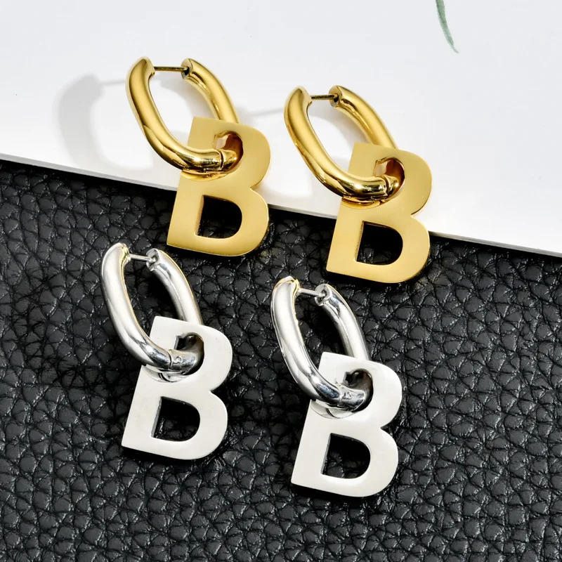 Stainless Steel Letter B Hoop Earrings 18K Gold Plated Earrings Girls Fashion Jewelry Letter Pendant Earrings for Women