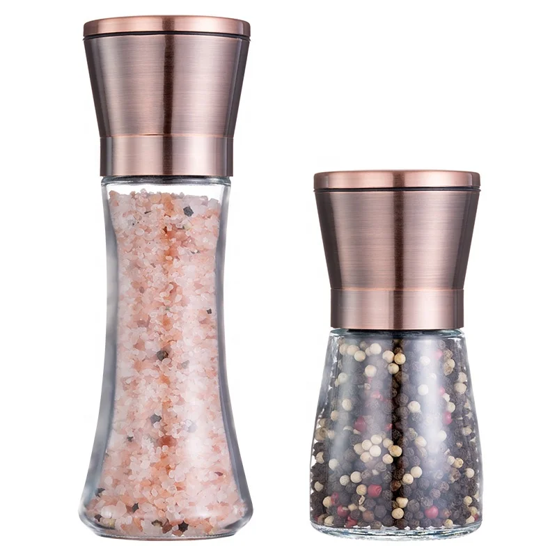 Kitchen Gift Rose Gold Sea Salt Mill Stainless Steel Grinding Cap Adjustable Ceramic Pepper Grinder With 180ml Tall Glass Bottle