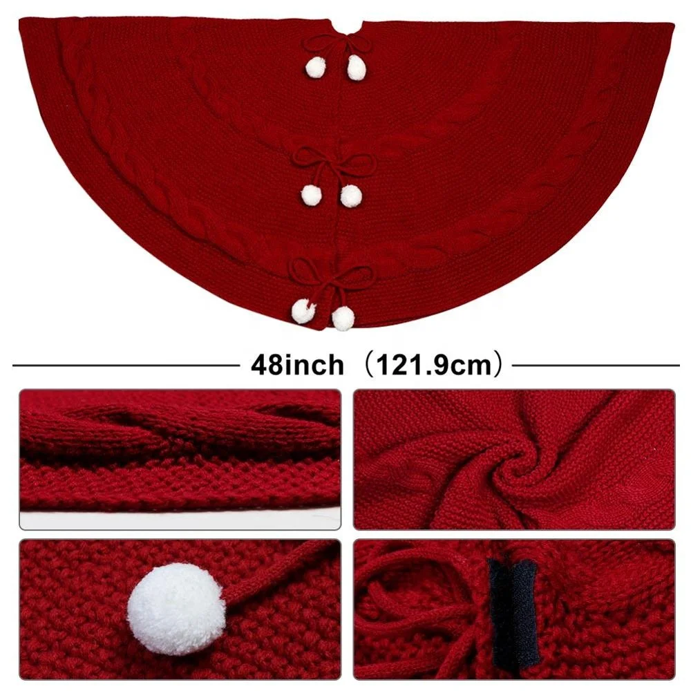 Ourwarm Wholesale Xmas Tree Decoration Round Cotton Wine Red Knitted Christmas Tree Skirt