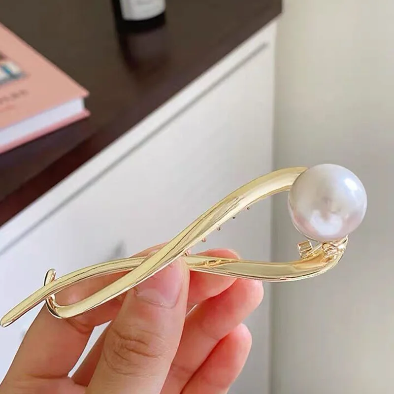 Metal pearl hair clips retro temperament ladies back head hairpin girls frog buckle hair accessories one word plate hair pin