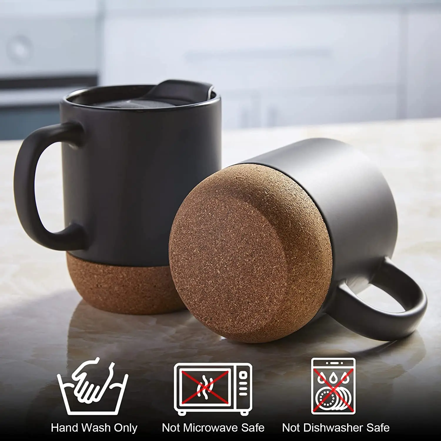 Ceramic Matte Black Mug Set with Cork Bottom and Spill-resistant Lid Large Coffee Mugs for men and women office