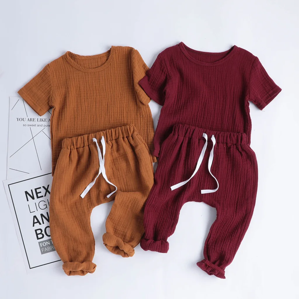 Pure colors Kids Solid soft linen cotton girls boys summer wear baby clothes sets children t-shirts with pants