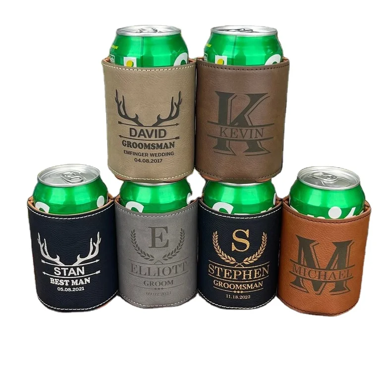 Custom logo  Luxurious  PU Leather Can,beer  cooler Holder for Groomsmen Gift