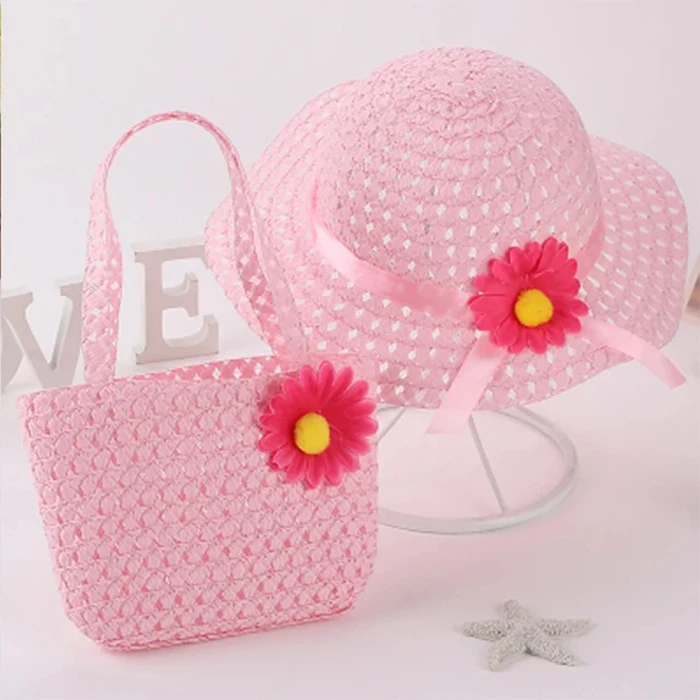 
New Arrival Korean Kids Straw Hat and Bag Set Small Beach Hand Bag Summer Flower Handbags for Girls 