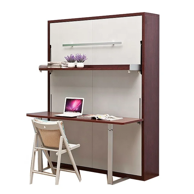 Smart bedroom furniture set folding wooden murphy wall bed with desk+bookshelf