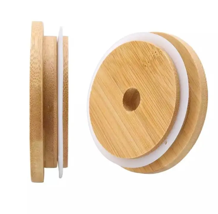 Bamboo Mason Jars Lids 70mm 88mm Wide Mouth Mason Jars with Drinking Straw Hole Mason Jars Lid