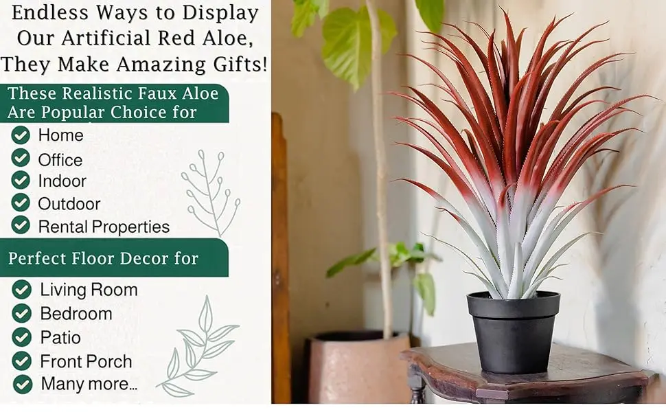 Factory Cheap Price 66CM 26 Inches Tall 61 Leaves Realistic Big Red Artificial Aloe Vera Plant Faux Agave With Matte Black Pot