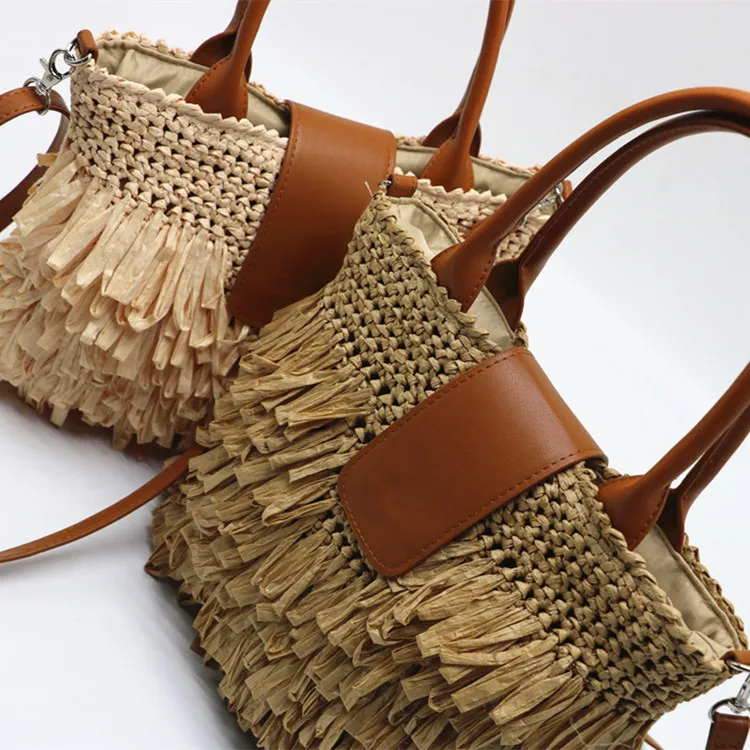 Grandma Handmade Knitted Plaited Braided Straw Crossbody Women Shoulder Messenger Bag Straw Woven Rattan Lady Tote Sling Handbag