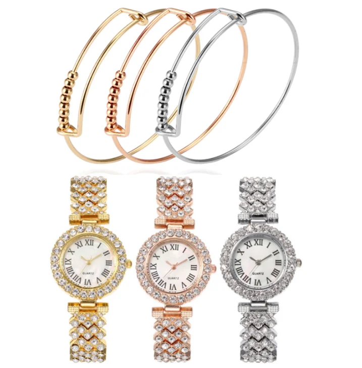 Ladies Quartz Watches Rose Gold Luxury 2pcs Set Glass Women 18K Gold Plated Latest Alloy Round Fashion Jewelry Watches Women