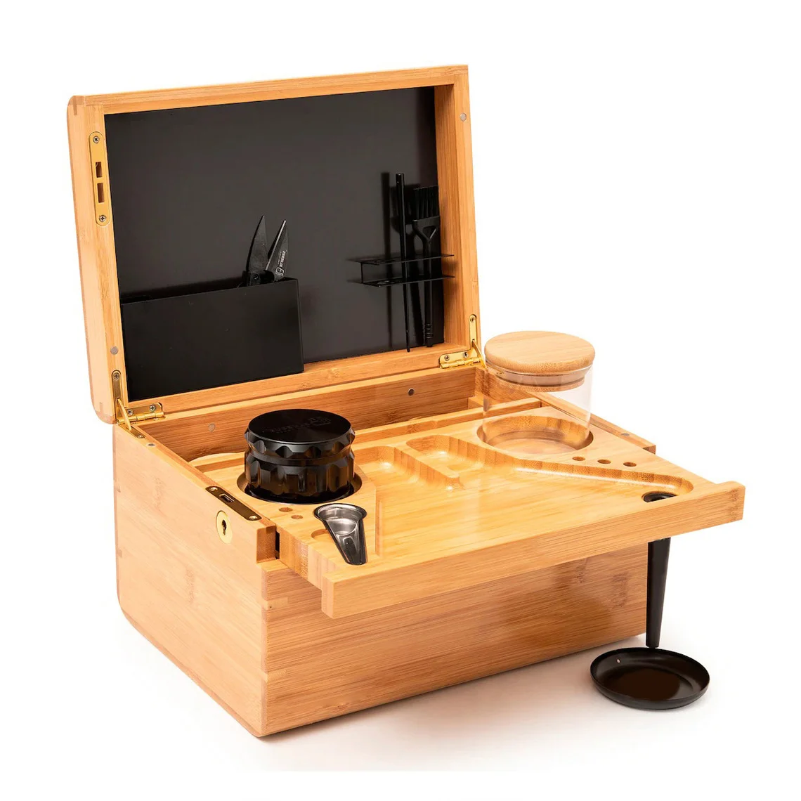 Wooden Smoke Kit Child Resistant Concentrates Packaging Smell Proof Wood Stash Box Smoking Rolling Tray Set With Grinder