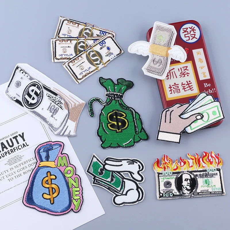Wholesale Customized Money Printed Sequence Embroidered Patches Iron on