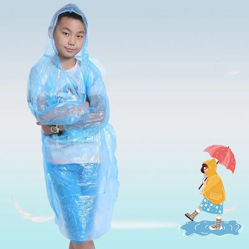 66 439 Kids Transparent Hooded pullover Raincoat Outdoor Hiking Poncho Children PE Disposable Raincoat