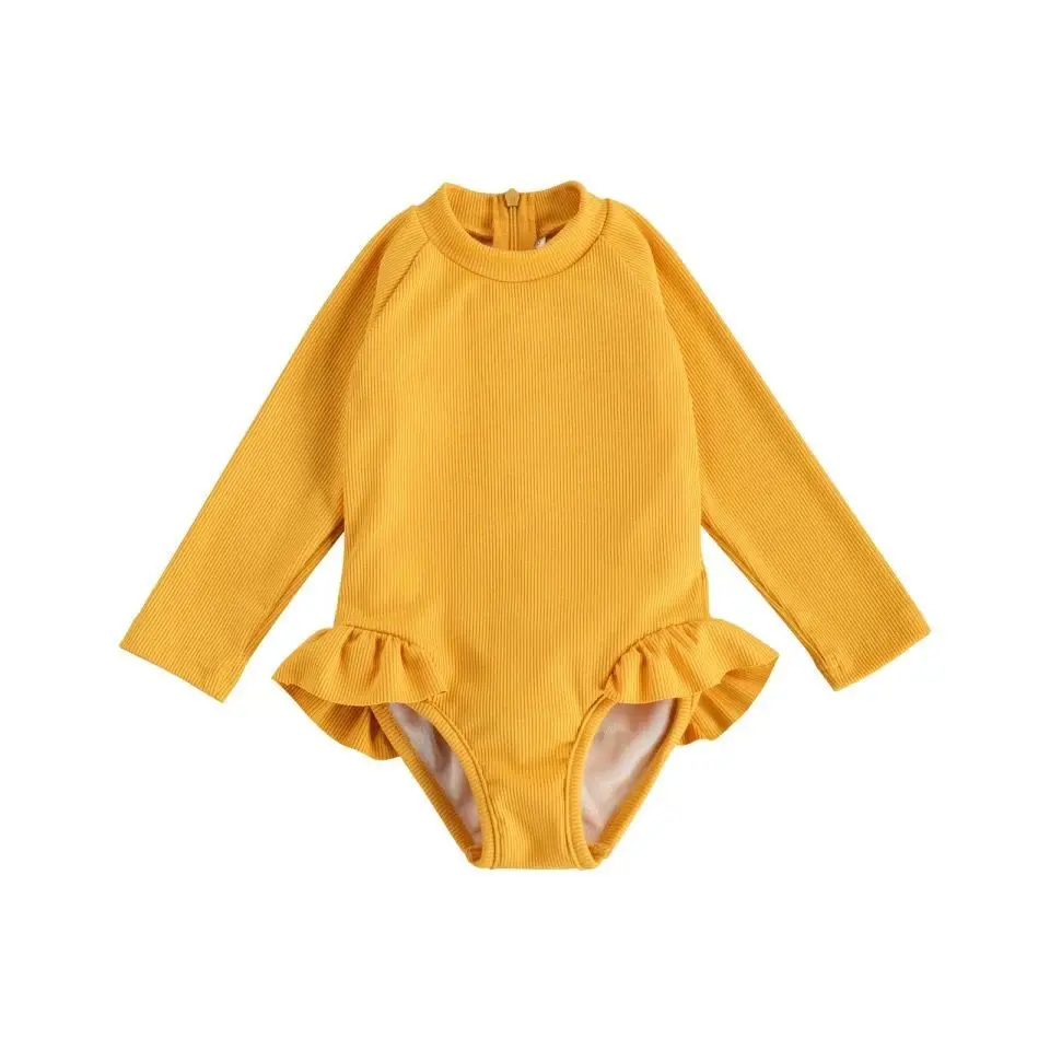 Kids Baby Girl One Piece Swimsuit Long Sleeve Round Neck Back Zipper Monokini Children Swimwear Ruffles Ribbed Bathing Suit