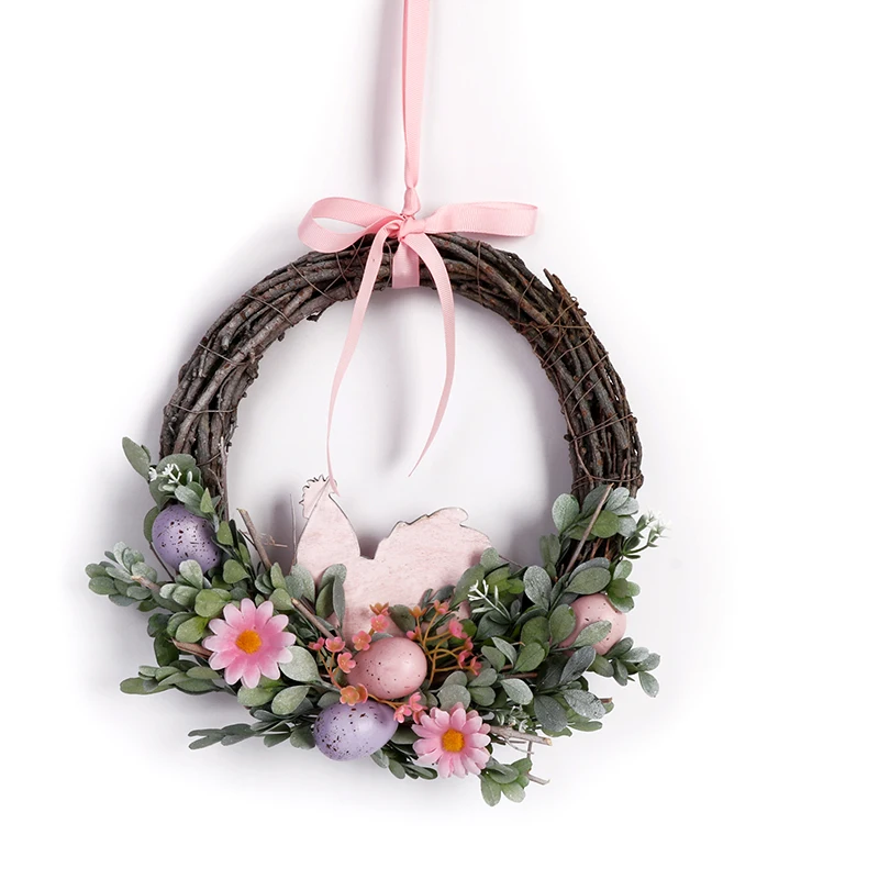 Рождественский венок декоративный с искусственными цветами и пенопластовыми яйцами из ротанга Пасхальный