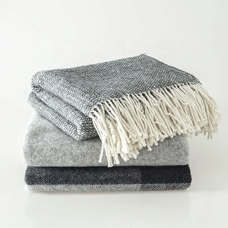 LUXURY SUPER SOFT WARM WOOL ACRYLIC BLEND PLAID THROW WITH FRINGED ENDS