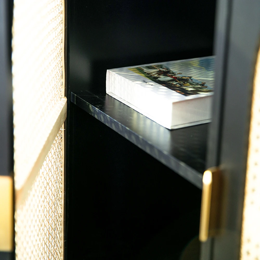 Custom High End Living Room Cabinets Double Door Pe Rattan Storage Cabinet Wooden Black Cane Rattan 2 Door Cabinet