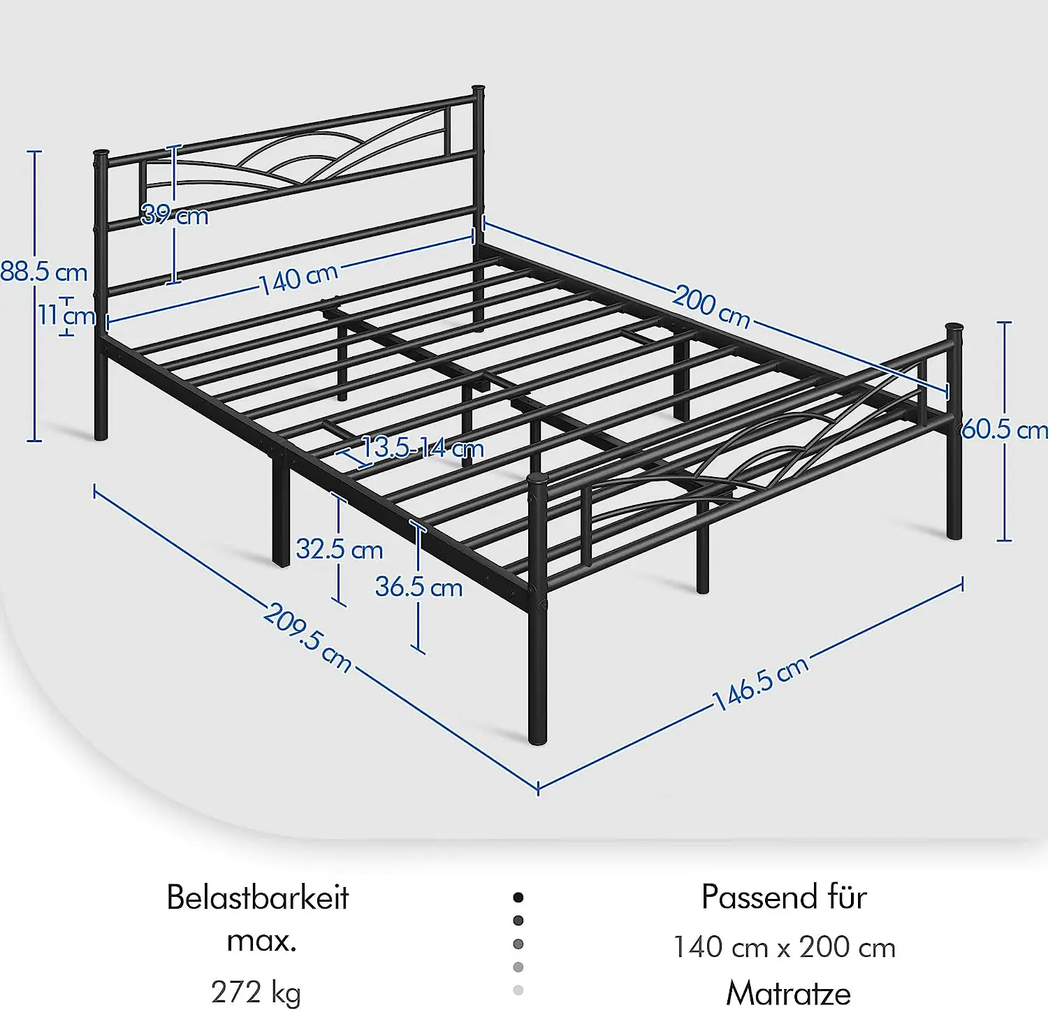 Queen Size Metal Bed Frame Double Bed for 140 x 200 cm Mattress