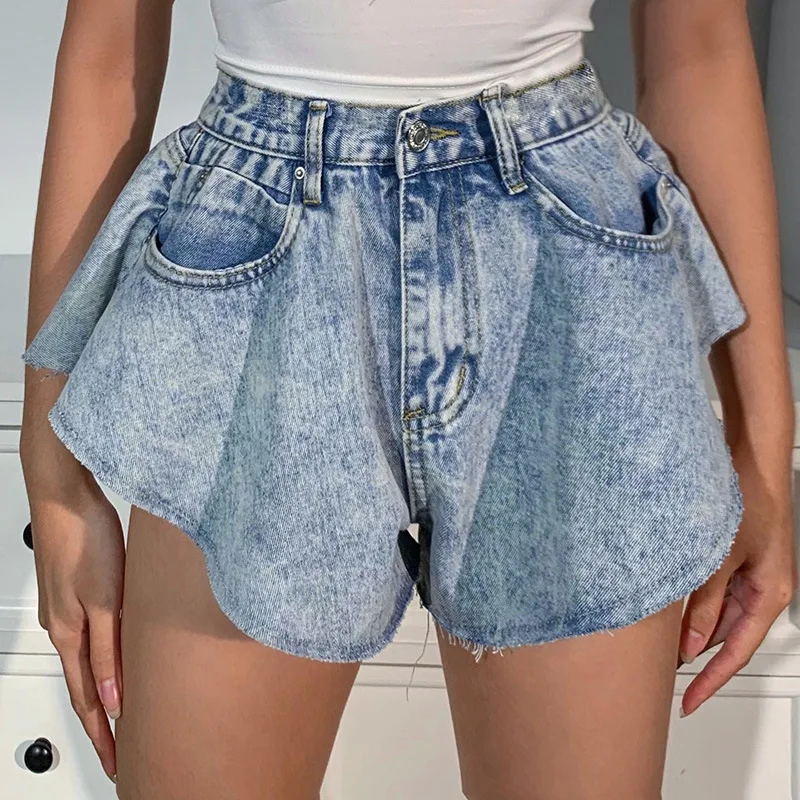 
Wholesale Fashion 2020 Summer Elegant Casual Irregularity Wide Leg With Pocket Denim Hot Shorts for Women Sexy Jeans Shorts 
