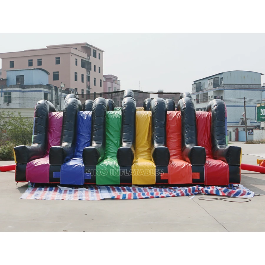 6 lane color run adults inflatable obstacle course with 2 hill slides for outdoor 5K inflatable sports activities