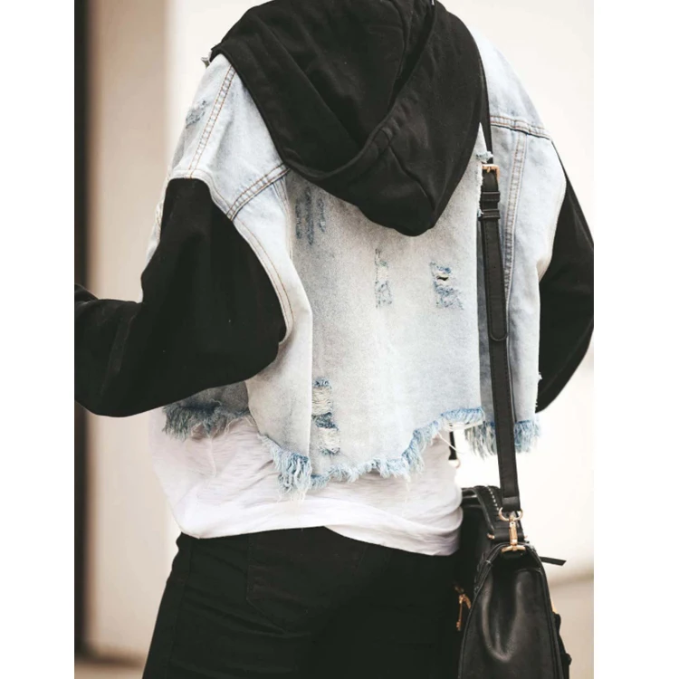 wholesale Hot Seller Ripped Holes In Fringe Stitching Denim Jackets