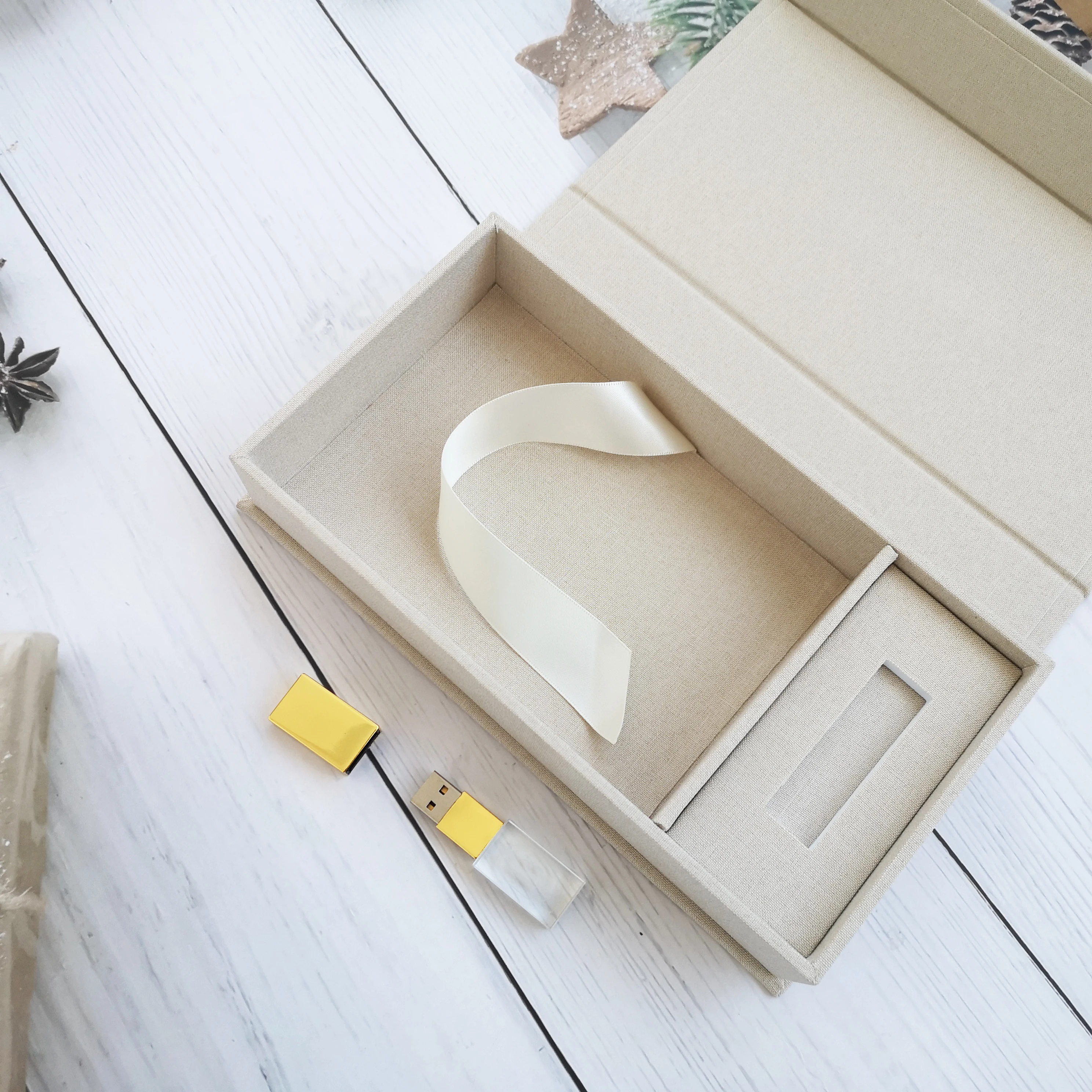 Beige Cream Linen Box Photographer Gift 4*6  Photo Fabric prints Holding Box Glass Crystal USB Flash Drive photo linen box