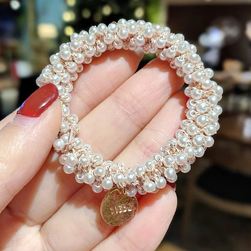 Vintage pearl hair ties temperament bracelet dual use crystal scrunchies sweet hair accessories