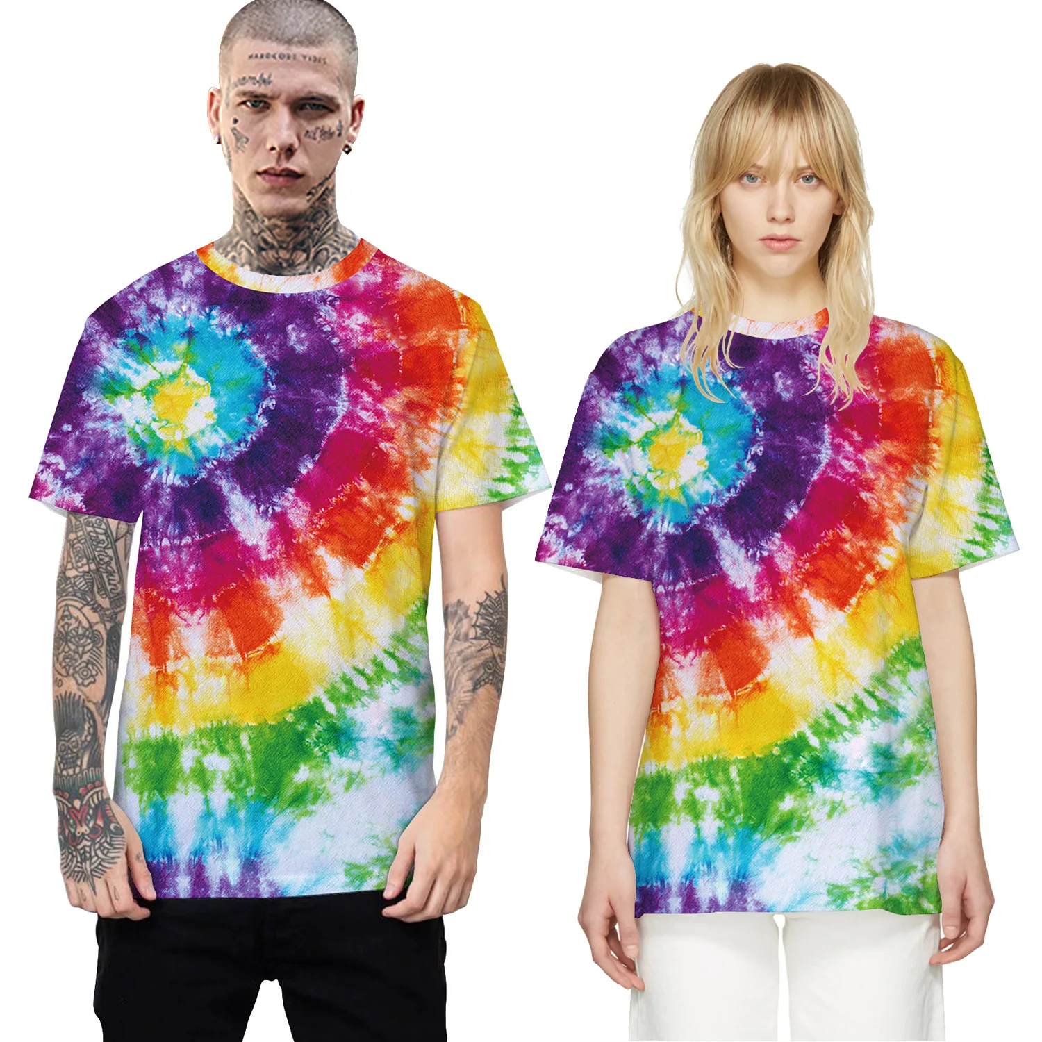 
hot sale collarless O-neck 3D heavy screen print t shirt tie dye 