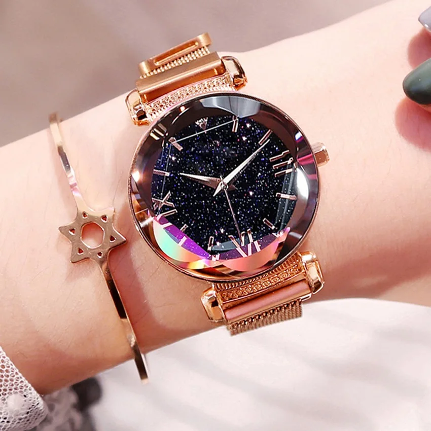 
Luxury Rose Gold Women Watches Minimalism Starry Sky Magnet Buckle Fashion Casual Roman Numeral Quartz Watches Relogio Feminino 
