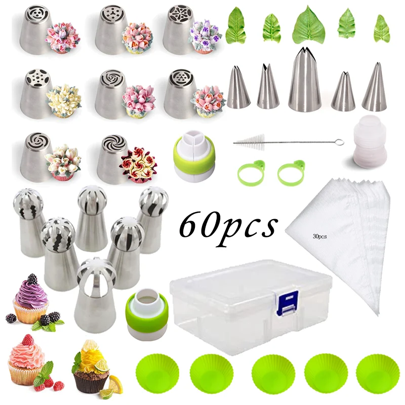 60pcs Cake Decorating Supplies Kit Stainless Steel Cake Tools Tip Set  Russian icing Piping Nozzles Set