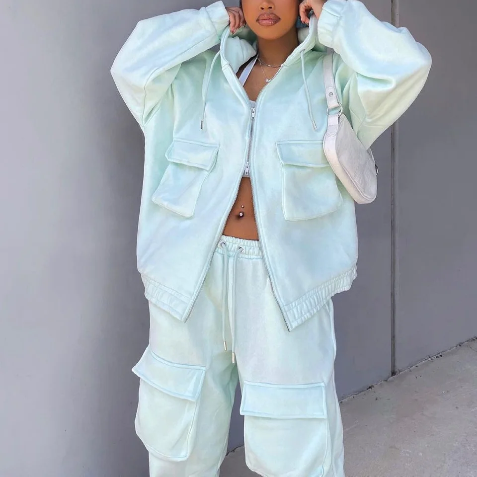 Winter Fashionable Causal Two Piece Clothing Suit for Ladies custom logo zipper Oversize Hoodie and Cargo pant jogger Women Sets