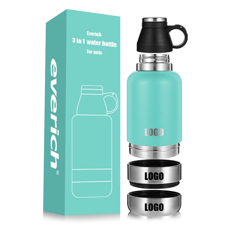 Everich hot selling Pet Outdoor Dog Feeder 32oz Double Wall Vacuum Stainless Steel Travel Water Bottle With Food Storage bowl