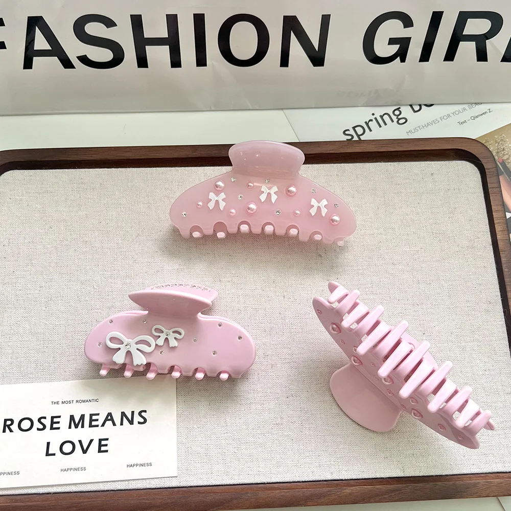 Fashion pink bow rhinestone hair clip cute girl Pearl acetate claw clip wholesale daily hair accessories for kids