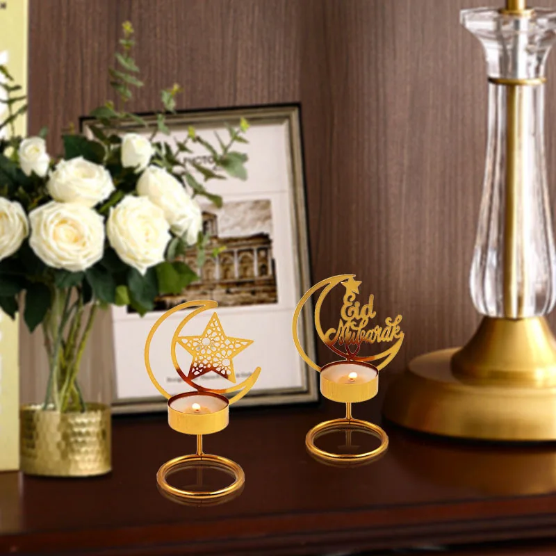 Ramadan Decorative Moon Shape Iron Candle Holder Eid Mubarak Candlestick Candle Stand For Home Decorations
