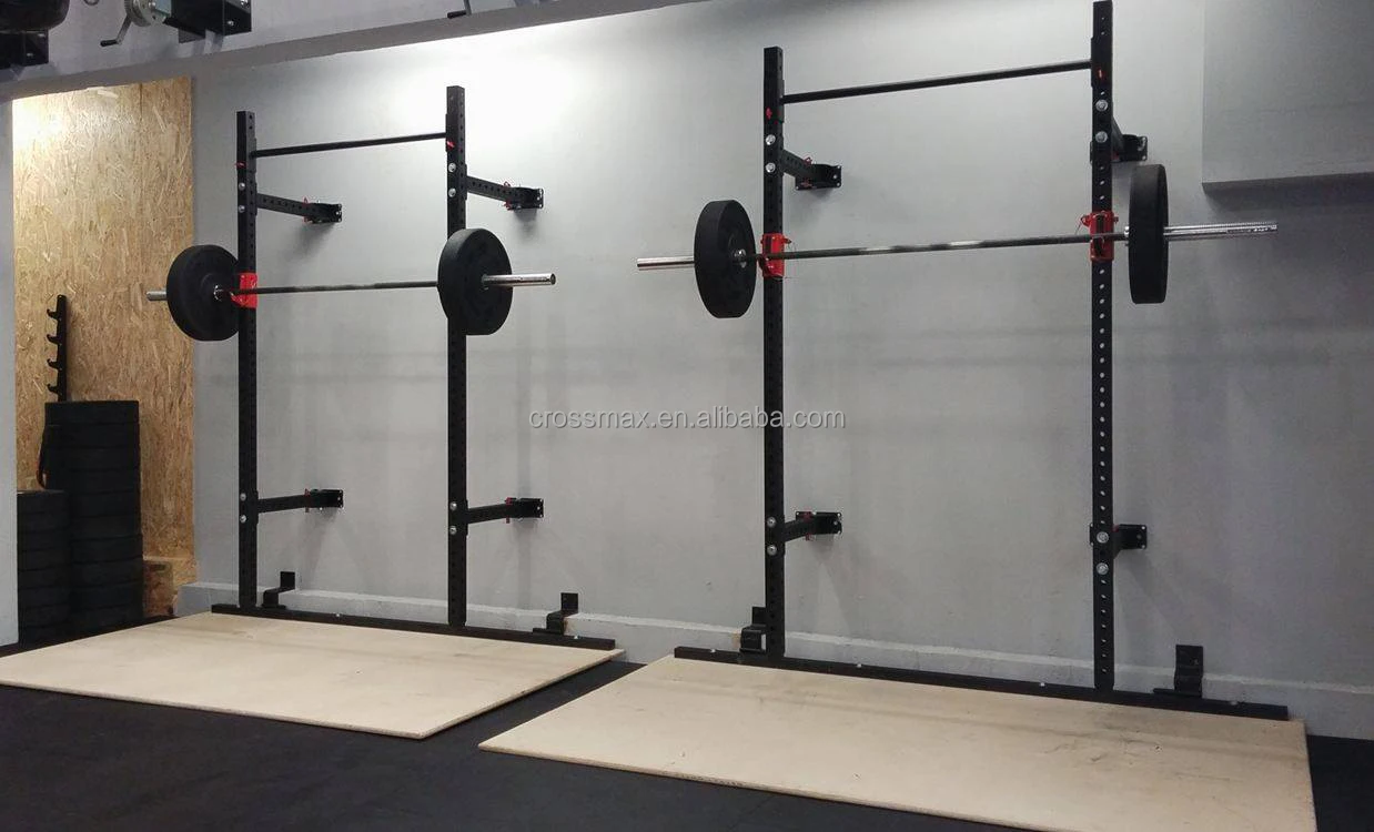 Gym equipment Wall Mount Fold Back Squat power Rack with J-hooks and spotter arms