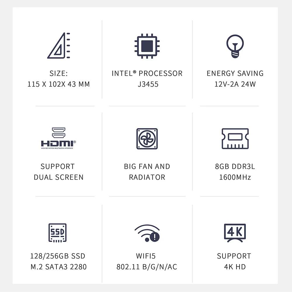 Beelink GK35 Mini PC 4K HD WIFI5 BT4.0 1000M Wins10 Intel Apollo Lake Celeron Processor J3455 8GB 256GB SSD Laptop PC