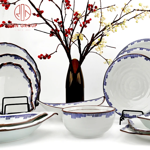 factory cheap price wholesale for franchiser japanese restaurant handle plate blue bulk ceramic plates sets dinnerware tableware