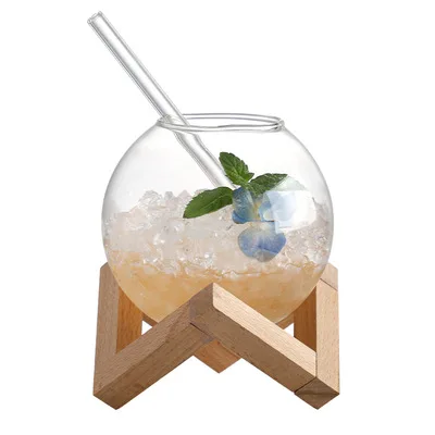Personalized Round Ball Glass Wine Coffee Beverage Juice Cup with Holder and Straw