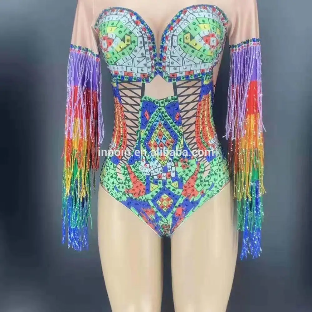 Ballroom Dance Sexy Women Bodysuit Colorful Printing Gogo Outfit Party Wears Long Sleeve Tassel Stage Costume Singer Clothes