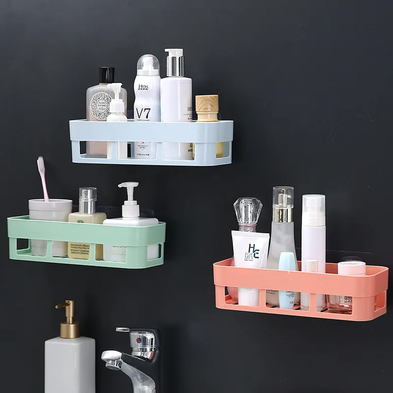 Bathroom Accessories Living Room Wall Mounted Suction Plastic Storage Rack Shelf Traceless Tape Plastic Bathroom Wall Shelf