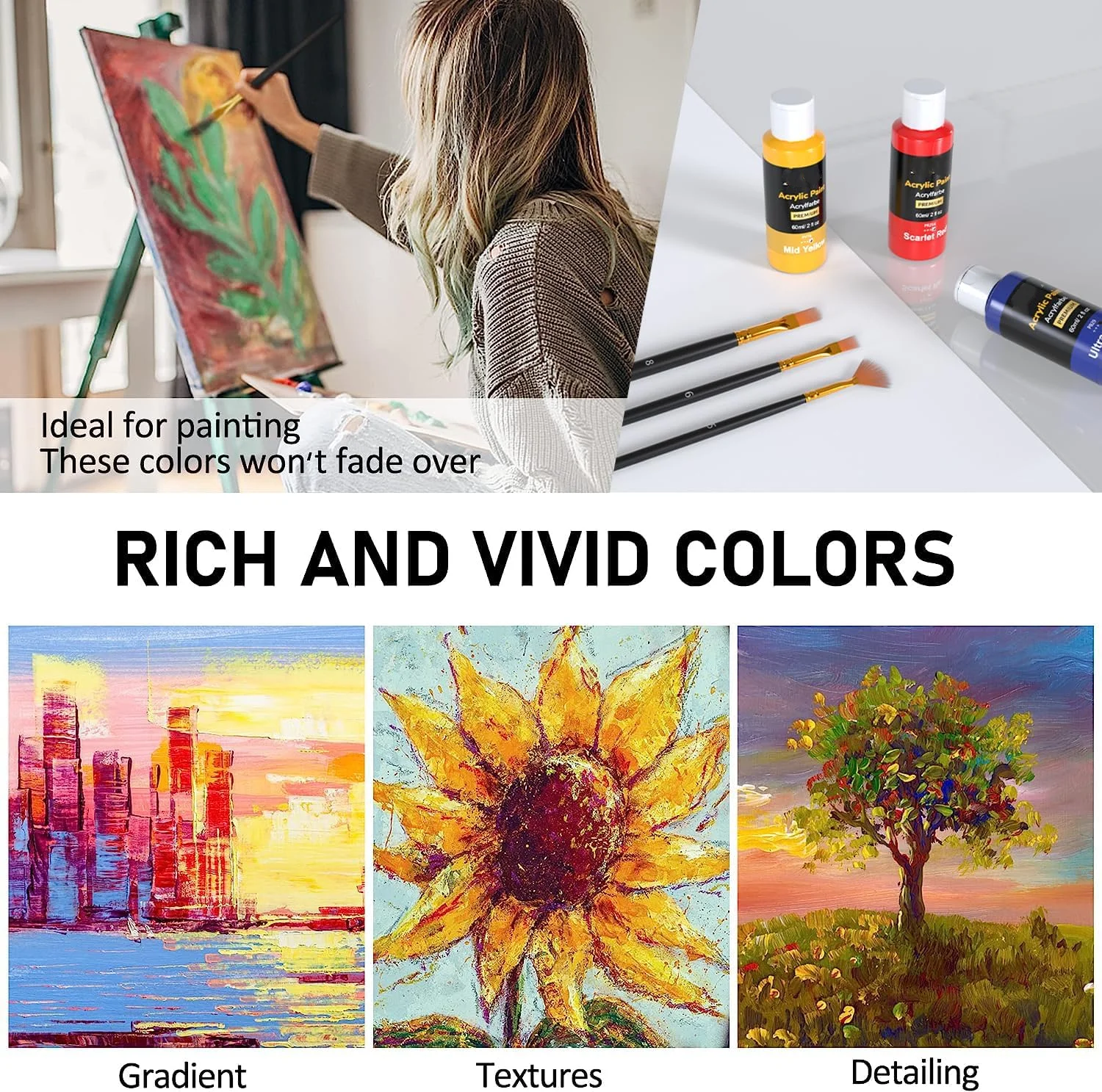 24 Colors 60ml/2oz Non-Toxic Waterproof Strong Coverage for Kids Adults Beginners Students Painting on Ceramic Acrylic Paint Set