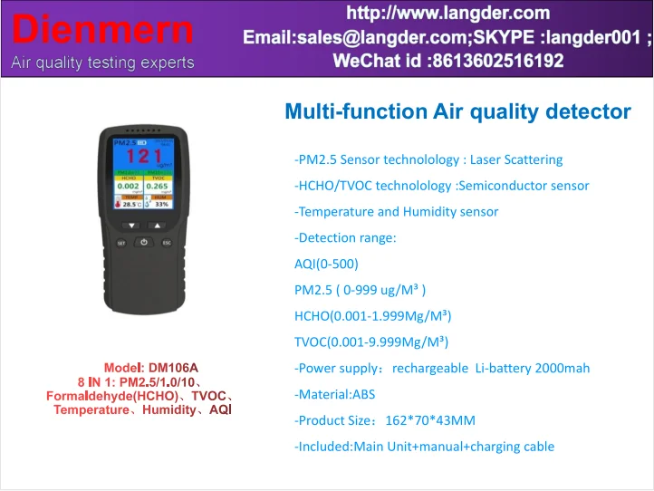 Dienmern High Quality Portable 8-in-1 Multi Gas Detector Handheld Device PM2.5 Temp TVOC HCHO Air Quality Monitor OEM Supported